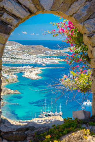 Mykonos port view with boats in Greece