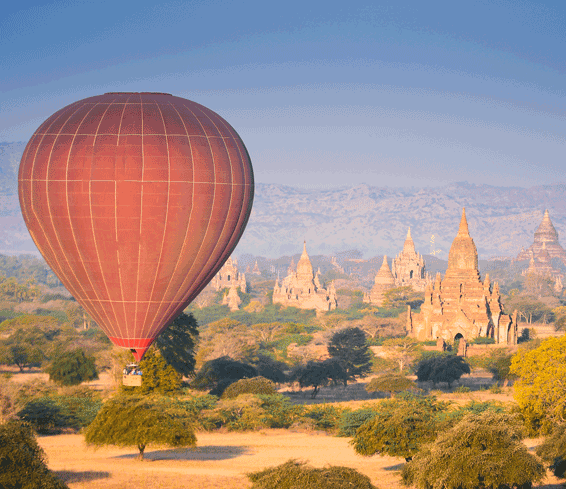 Hot air balloon ride over jungle near Angkor Wat, Cambodia